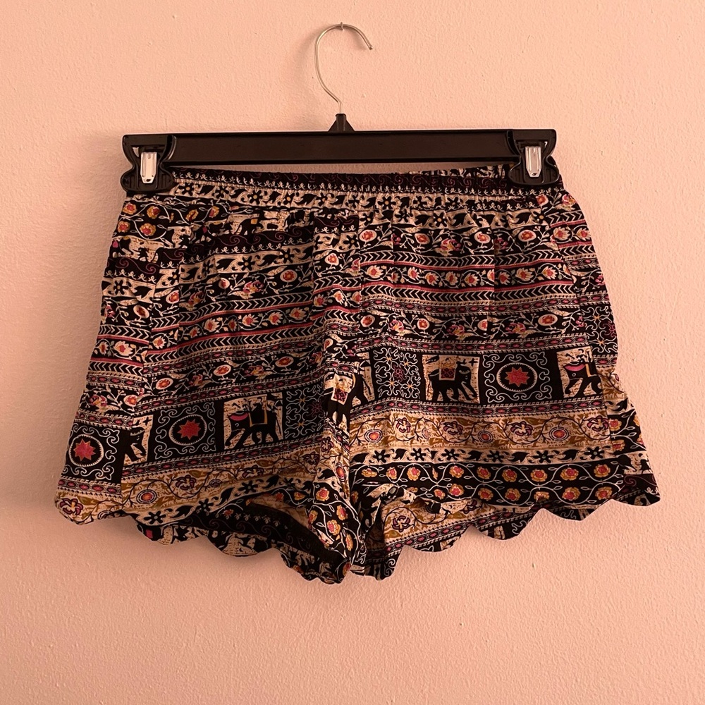 Girl Evolution Boho Elephant Pattern Shorts Ruffle Trim Black Pink Multicolor